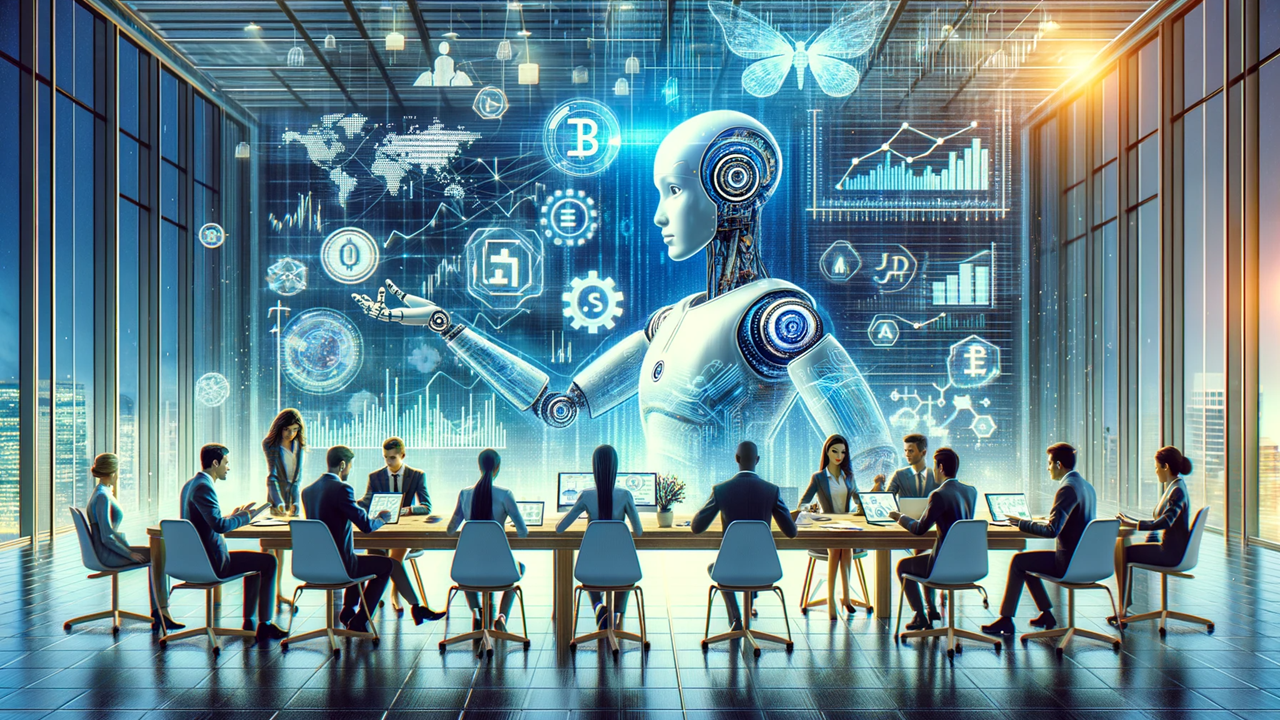 Group in modern office around table, watching screen with robot and icons, showing AI in finance business partnering.