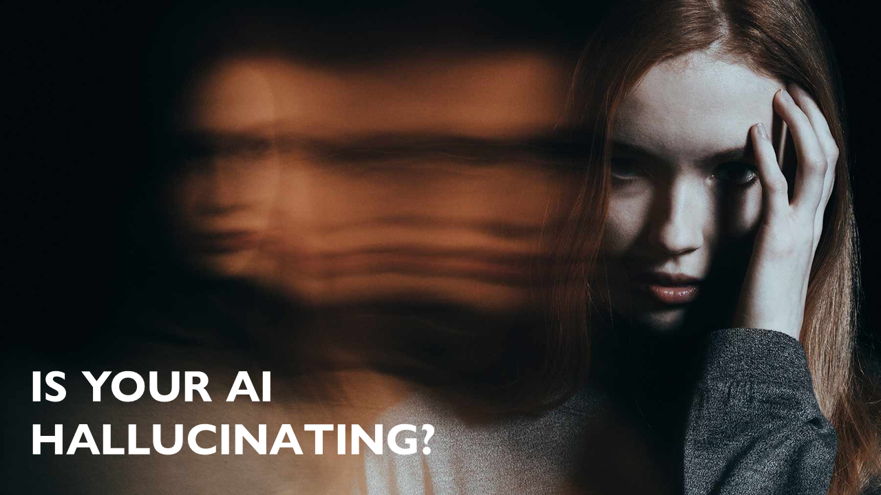 Woman beside a blurred duplicate image illustrating AI hallucinations and risks in finance.