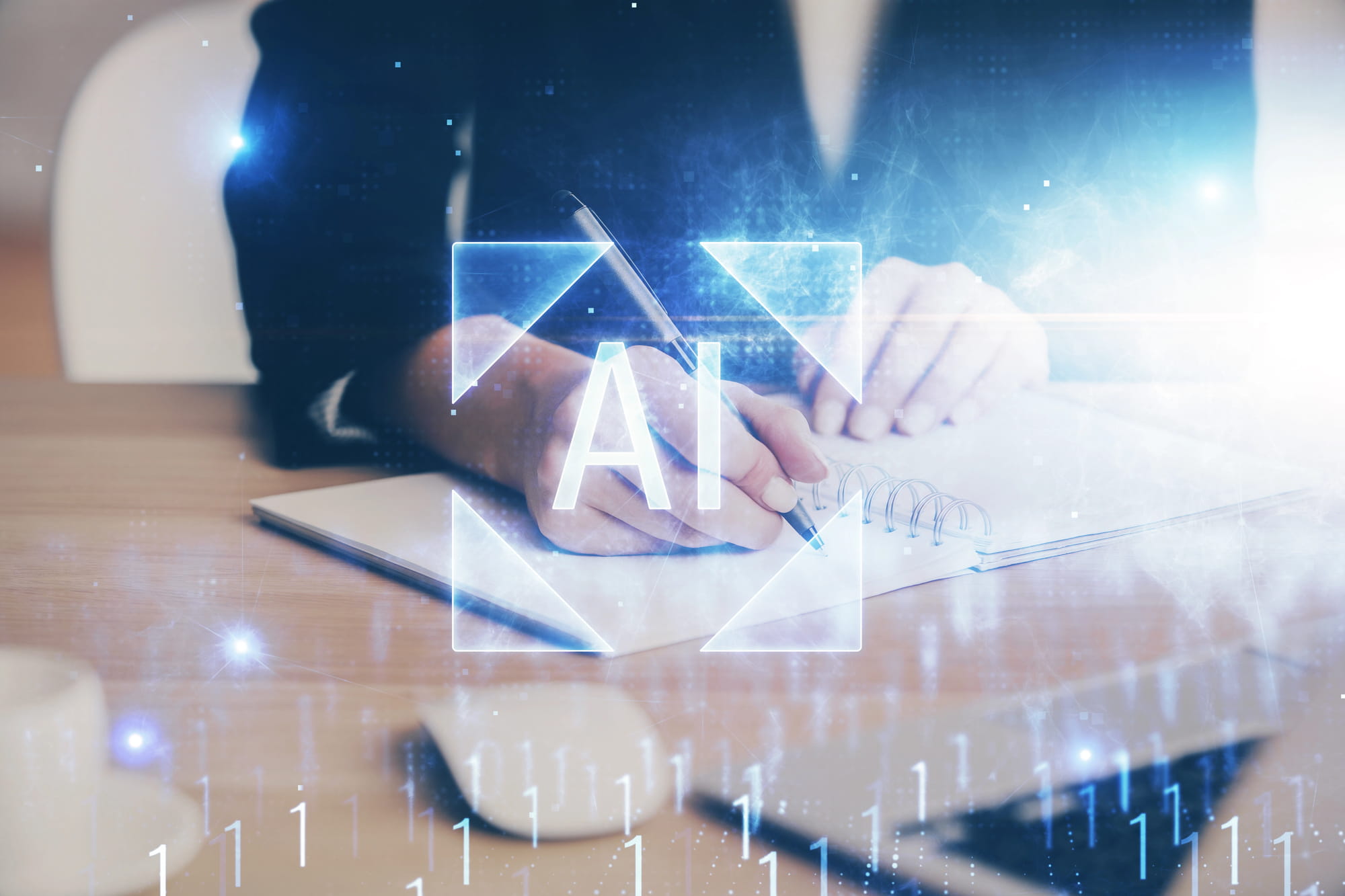 Person writing in a notebook with an AI graphic overlay, showing Agentic AI redefining human creativity.