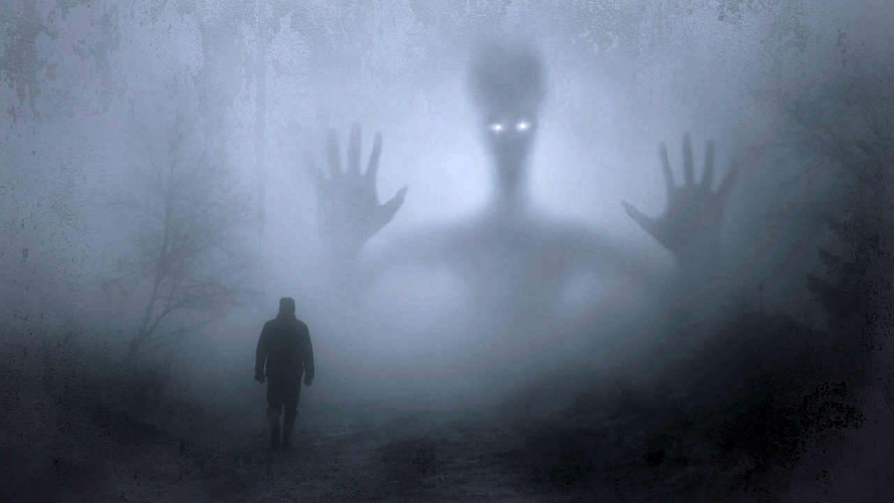 Person walks a foggy path; shadowy figure with glowing eyes looms, evoking Gunning Fog Index mystery.